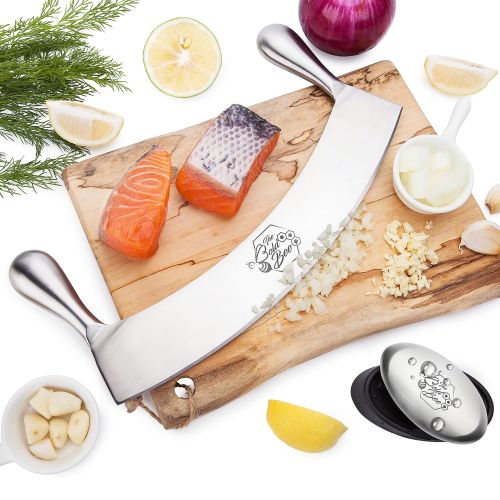  The Bold Bees 12 Stainless Steel Mezzaluna Knife with Cover & FREE Stainless Steel Soap Bar | Eco Friendly | Pizza Cutter | Fruit, Vegetable & Salad Chopper & Dicer | Herb Mincer |