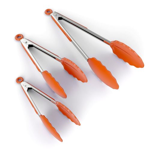  The Classic Kitchen ChefStir Kitchen Tongs with Non Stick Silicone Tips  Stainless Steel, Heavy Duty, Multipurpose Set of 3  7, 9, 12 Inch  for Cooking, Baking and Grilling - Orange