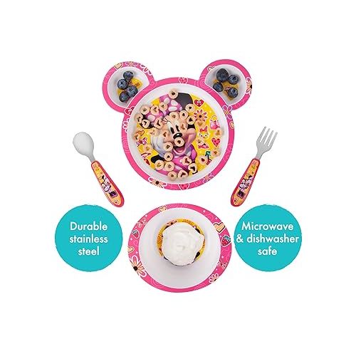  The First Years Disney Minnie Mouse Dinnerware Set - Toddler Plates and Toddler Utensils- 4 Piece Set