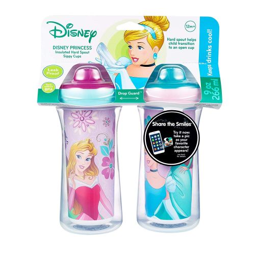  [아마존베스트]The First Years Disney Princess Insulated Hard Spout Sippy Cups 9 Oz, 2pk | Scan with Free Share the Smiles App for Cute Animation | Share with Friends | Leak Proof Cups | Keeps Drinks Cool | Drop