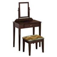 The Furniture Cove Wood Vanity Make-Up Table with Mirror in a Cappuccino/Espresso Finish with Your Choice of an Animal Print Fabric Covered Bench Cushion - FREE Handheld Mirror Included (Cheetah Stri
