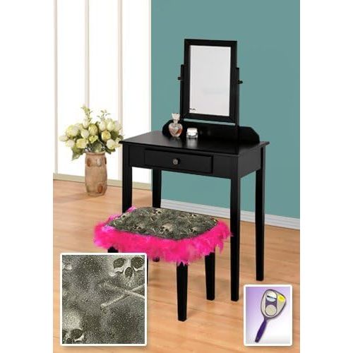  The Furniture Cove New Black Wooden Make Up Vanity Table with Mirror & Skulls Themed Bench with Hot Pink Feather Style Skirt Around Seat!