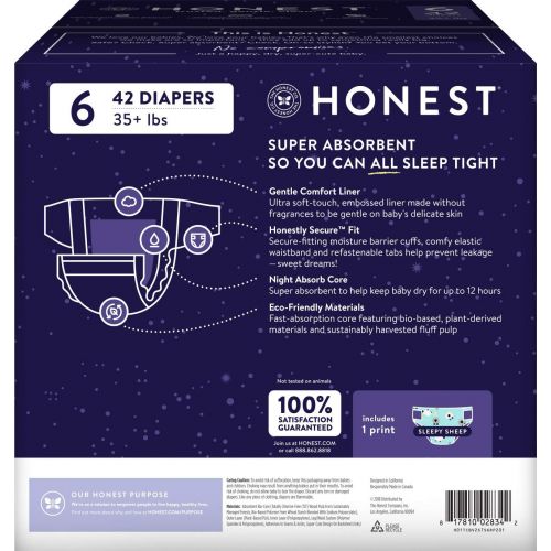  The Honest Company Overnight Sleepy Sheep Diapers | Sustainably Harvested and Plant-Derived Materials | Hypoallergenic | Size 6 (42 Count)