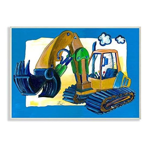  The Kids Room by Stupell Yellow Excavator with Blue Border Stretched Canvas Wall Art, 16 x 20, Multi-Color