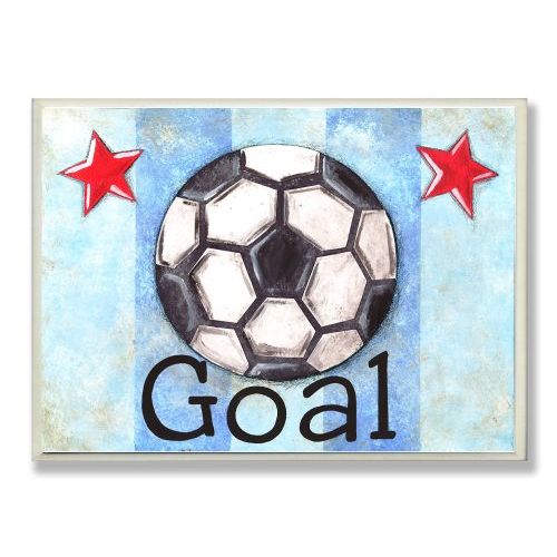  The Kids Room by Stupell Goal Soccer Ball with Blue Stripes Rectangle Wall Plaque, 11 x 0.5 x 15, Proudly Made in USA