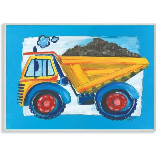  The Kids Room by Stupell Yellow Dump Truck with Blue Border Stretched Canvas Wall Art, 16 x 20, Multi-Color