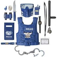 [아마존베스트]Kids Police Costume for Role Play 14 Pcs Police Toys with Police Badge, Kids Handcuffs, Shield, Vest, Flashing Light, Whistle, Police Baton - Police Officer Halloween Costume for B