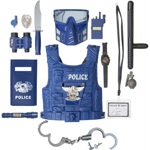  [아마존베스트]Kids Police Costume for Role Play 14 Pcs Police Toys with Police Badge, Kids Handcuffs, Shield, Vest, Flashing Light, Whistle, Police Baton - Police Officer Halloween Costume for B