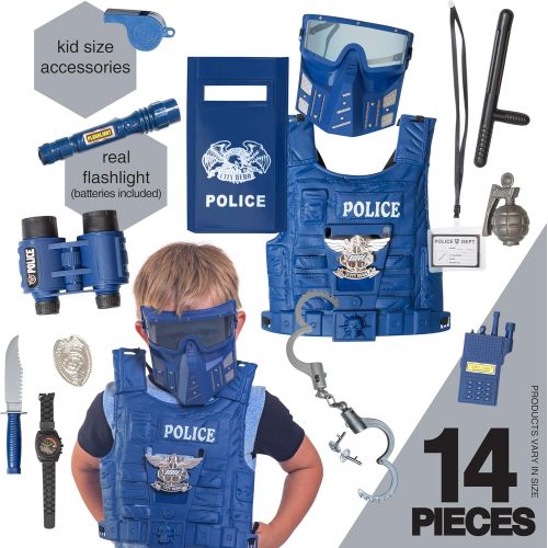 [아마존베스트]Kids Police Costume for Role Play 14 Pcs Police Toys with Police Badge, Kids Handcuffs, Shield, Vest, Flashing Light, Whistle, Police Baton - Police Officer Halloween Costume for B
