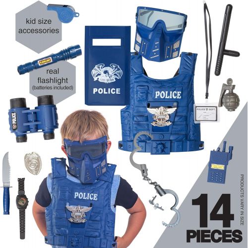  [아마존베스트]The M World Kids Police Costume for Role Play 14 Pcs Police Toys with Police Badge, Kids Handcuffs, Shield, Vest, Flashing Light, Whistle, Police Baton - Police Officer Halloween Costume for B