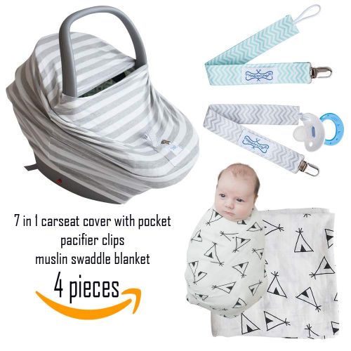  The Mommy Wrap Baby Shower Gift: Carseat Cover, Newborn Muslin Swaddle Blanket, Pacifier Clip, Nursing Cover 7-in-1 Nursing Cover, Grey Stripe by The MommyWrap