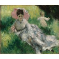 The Museum Outlet - Woman with a Parasol and Small Child on a Sunlit Hillside, 1873 - Canvas Print Online Buy (40 X 50 Inch)