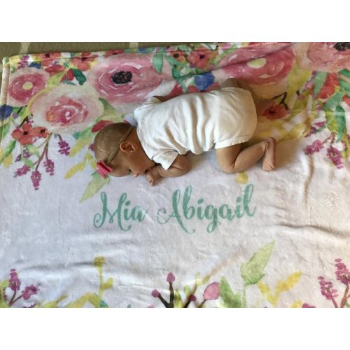  The Navy Knot Personalized Baby Blanket - Watercolor Floral Drop - Frame - 50 X 60 - Plush Fleece Swaddle - Baby Girl Bedding - Cute Floral - Birth Announcement - Baby Shower Gift