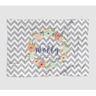 The Navy Knot Personalized Baby Blanket - Floral Grey Chevron Wreath - Frame - 50 X 60 - Plush Fleece Swaddle -...