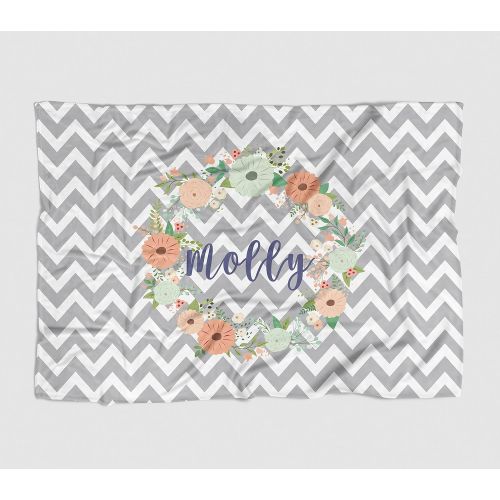  The Navy Knot Personalized Baby Blanket - Floral Grey Chevron Wreath - Frame - 50 X 60 - Plush Fleece Swaddle -...