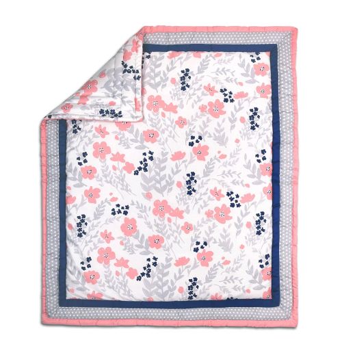  Coral Pink, Grey and Navy Floral 3 Piece Crib Bedding Set by The Peanut Shell