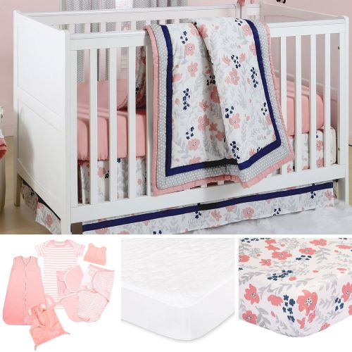  Coral Pink, Grey and Navy Floral 3 Piece Crib Bedding Set by The Peanut Shell