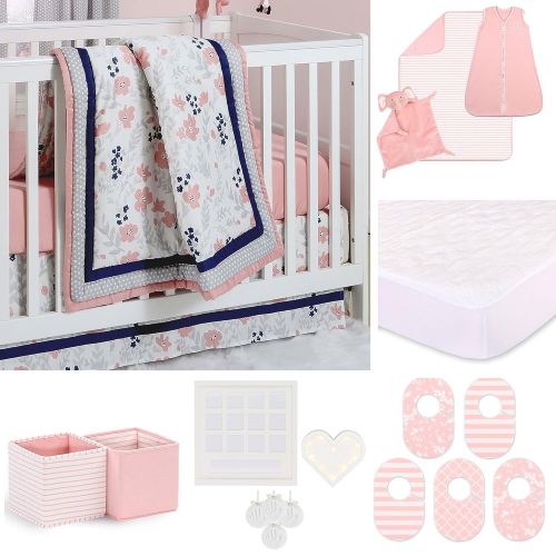  Coral Pink, Grey and Navy Floral 3 Piece Crib Bedding Set by The Peanut Shell