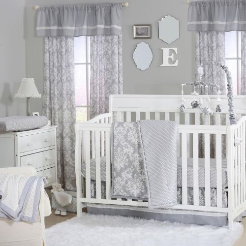  Grey Damask and Dot Print 4 Piece Baby Crib Bedding Set by The Peanut Shell