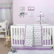 The Peanut Shell Grey Elephant and Chevron Patchwork 4 Piece Crib Bedding Set with Purple Trim