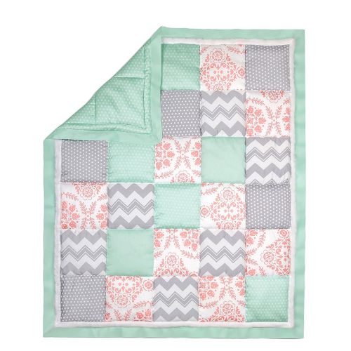  Mint, Coral and Grey Patchwork 4 Piece Baby Crib Bedding Set by The Peanut Shell