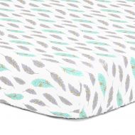 The Peanut Shell Grey, Turquoise, Metallic Gold Feather Print Fitted Crib Sheet - 100% Cotton Baby Boy and Girl...