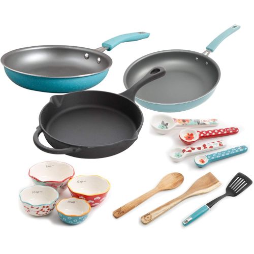  The Pioneer Woman Vintage Speckle 24-Piece Cookware Combo Set in Turquoise bundle with Copper Charm Stainless Steel Copper Bottom Cookware Set, 10 Piece