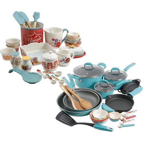  The Pioneer Woman Vintage Speckle 24-Piece Cookware Combo Set in Turquoise bundle with Copper Charm Stainless Steel Copper Bottom Cookware Set, 10 Piece