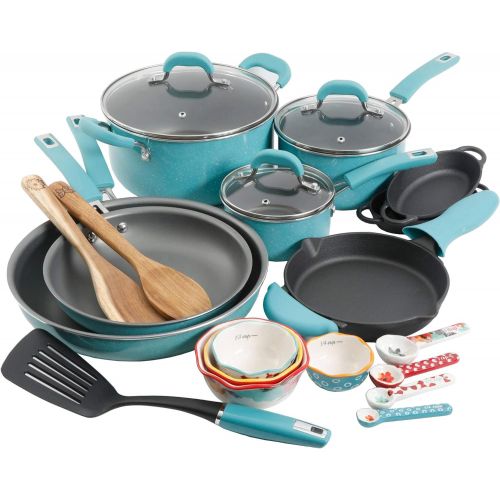  The Pioneer Woman Vintage Speckle 24-Piece Cookware Combo Set in Turquoise bundle with Copper Charm Stainless Steel Copper Bottom Cookware Set, 10 Piece