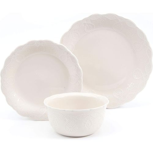  The Pioneer Woman Durable Stoneware, Dishwasher And Microwave Safe, 12-Piece Cowgirl Lace Dinnerware Set, Linen