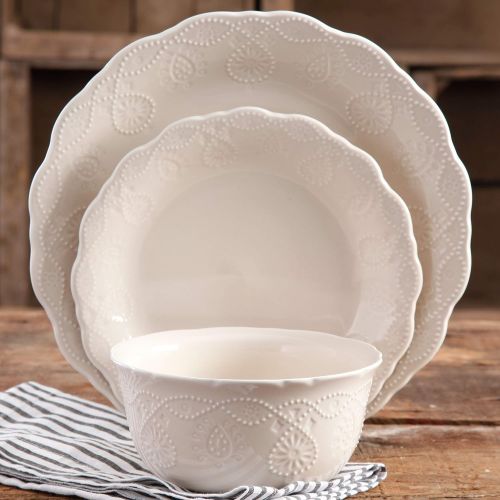  The Pioneer Woman Durable Stoneware, Dishwasher And Microwave Safe, 12-Piece Cowgirl Lace Dinnerware Set, Linen