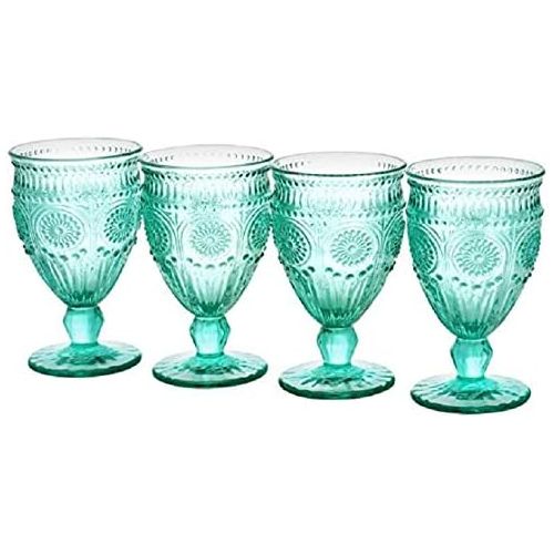  The Pioneer Woman Adeline Embossed 12-Ounce Footed Glass Goblets, Set of 4 (Turquoise) (PACK OF 2)