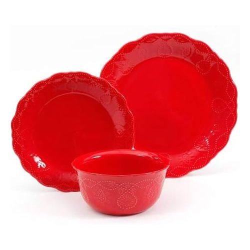  The Pioneer Woman Cowgirl Lace Red 12-Piece Dinnerware Set, Microwave and Dishwasher Safe