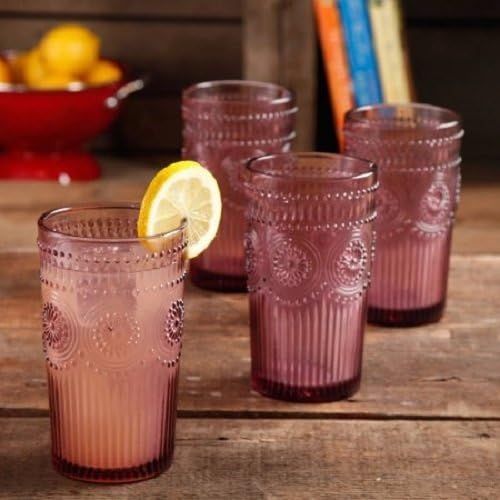  The Pioneer Woman Adeline 16-Ounce Emboss Glass Tumblers, Set of 4 - Plum