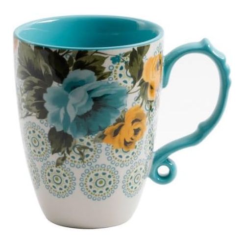  The Pioneer Woman 26-Ounce Beautiful Blue and Yellow Rose Shadow Jumbo Coffer Latte Drinkware Mug - Set of 4