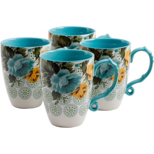  The Pioneer Woman 26-Ounce Beautiful Blue and Yellow Rose Shadow Jumbo Coffer Latte Drinkware Mug - Set of 4