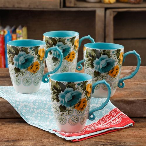  The Pioneer Woman 26-Ounce Beautiful Blue and Yellow Rose Shadow Jumbo Coffer Latte Drinkware Mug - Set of 4