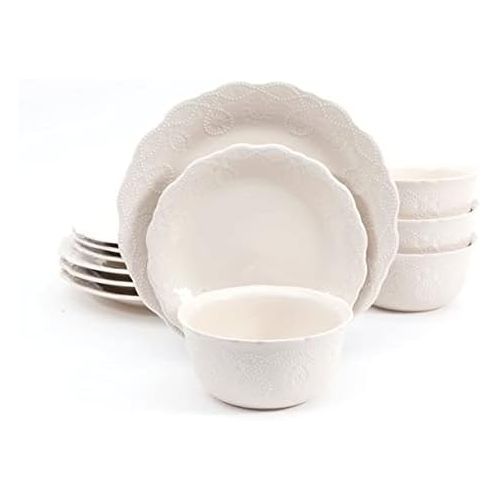  The Pioneer Woman Cowgirl Lace Red 12-Piece Dinnerware Set, Microwave and Dishwasher Safe (linen)