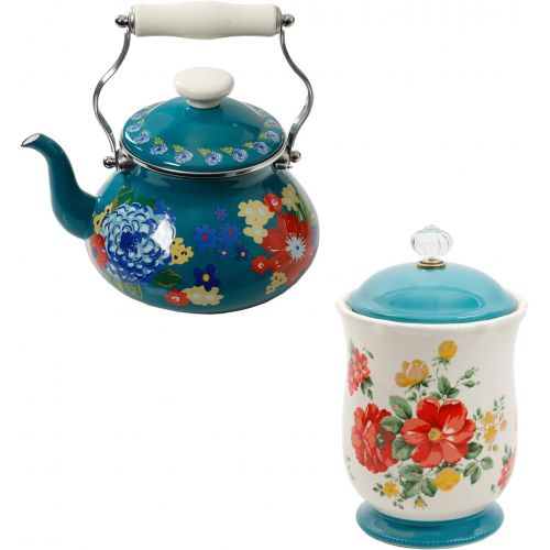  The Pioneer Woman Dazzling Dahlias 2-Quart Tea Kettle bundle with The Pioneer Woman Vintage Floral 10.3-Inch Canister with Acrylic Knob