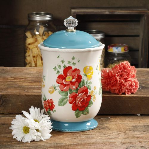  The Pioneer Woman Dazzling Dahlias 2-Quart Tea Kettle bundle with The Pioneer Woman Vintage Floral 10.3-Inch Canister with Acrylic Knob