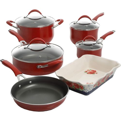  The Pioneer Woman Vintage Speckle 10-Piece Non-Stick Pre-Seasoned Cookware Set (Red)