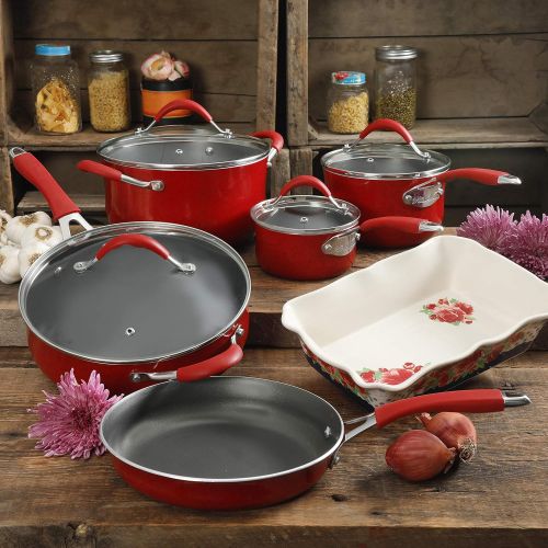  The Pioneer Woman Vintage Speckle 10-Piece Non-Stick Pre-Seasoned Cookware Set (Red)