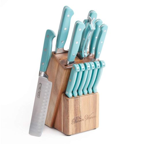  The Pioneer Woman Cowboy Rustic Cutlery Set, 14-Piece Cutlery Knife Block Set (Turquoise)