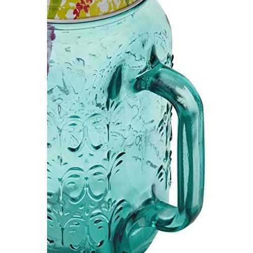  [아마존베스트]The Pioneer Women Sunny Days Teal Drinking Glass with Straw and Lid Mason jar