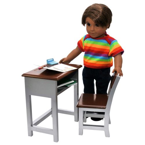  The Queens Treasures Wooden Modern School Desk & Chair and Storage Shelf Plush School Supply Accessories Including Folder, Paper, Journal, Pencil, Calculator, Ruler Sized For 18 Inch American Girl Doll