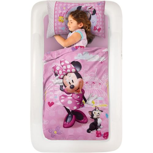  The Shrunks Minnie Mouse Kids Air Mattress Inflatable Toddler Travel Bed with Safety Side Rails Portable Blow Up Floor Bed and Pink Disney Minnie Mouse Toddler Bedding Set