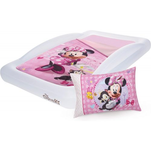  The Shrunks Minnie Mouse Kids Air Mattress Inflatable Toddler Travel Bed with Safety Side Rails Portable Blow Up Floor Bed and Pink Disney Minnie Mouse Toddler Bedding Set