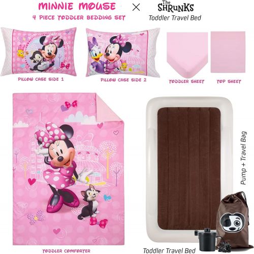  The Shrunks Minnie Mouse Kids Air Mattress Inflatable Toddler Travel Bed with Safety Side Rails Portable Blow Up Floor Bed and Pink Disney Minnie Mouse Toddler Bedding Set