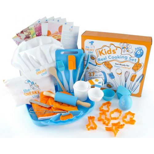  [아마존베스트]The Sneaky Chef Kids Cooking/Baking Set 37 Piece BPA Free, Child-Safe Essential Junior Utensils, Cooking Protection, Storage Case, Cookie Cutters, and 7 Healthy Recipe Cards - Ages