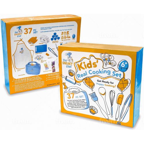  [아마존베스트]The Sneaky Chef Kids Cooking/Baking Set 37 Piece BPA Free, Child-Safe Essential Junior Utensils, Cooking Protection, Storage Case, Cookie Cutters, and 7 Healthy Recipe Cards - Ages